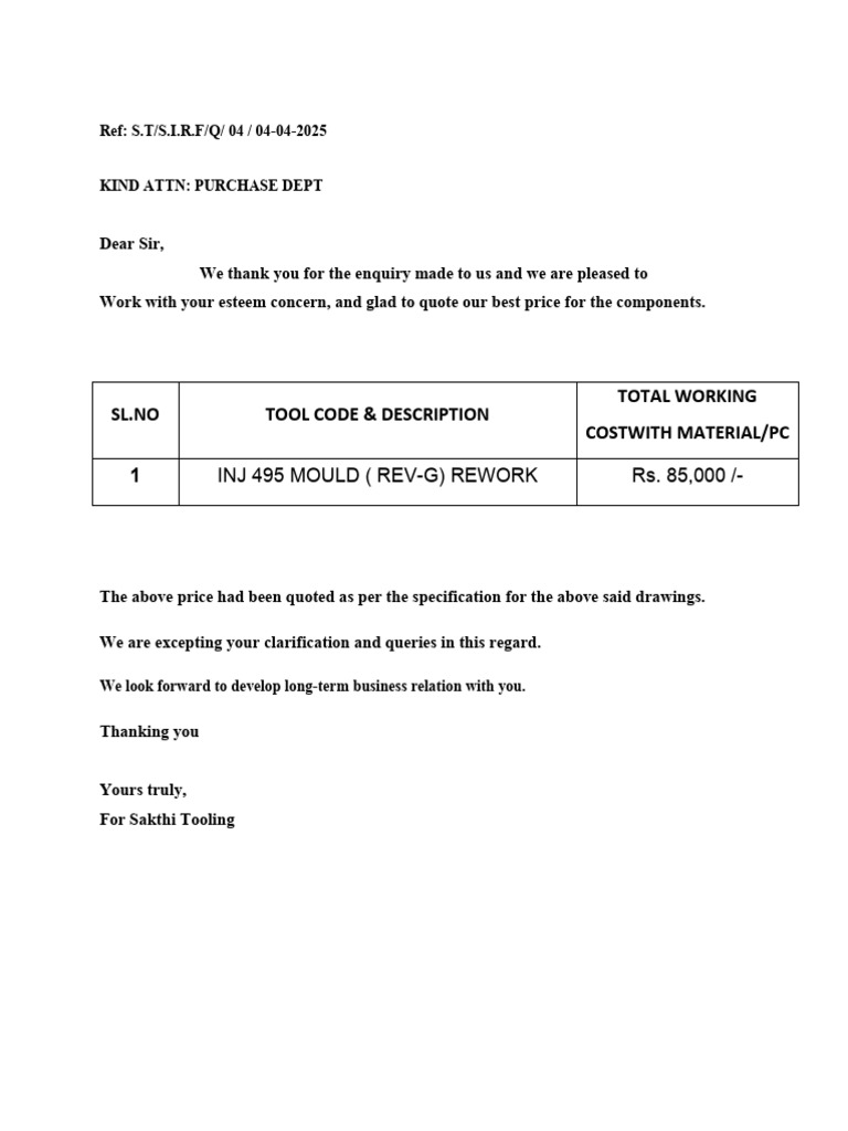 Quotation For Inj 495 Mould (Rev-G) Rework | PDF