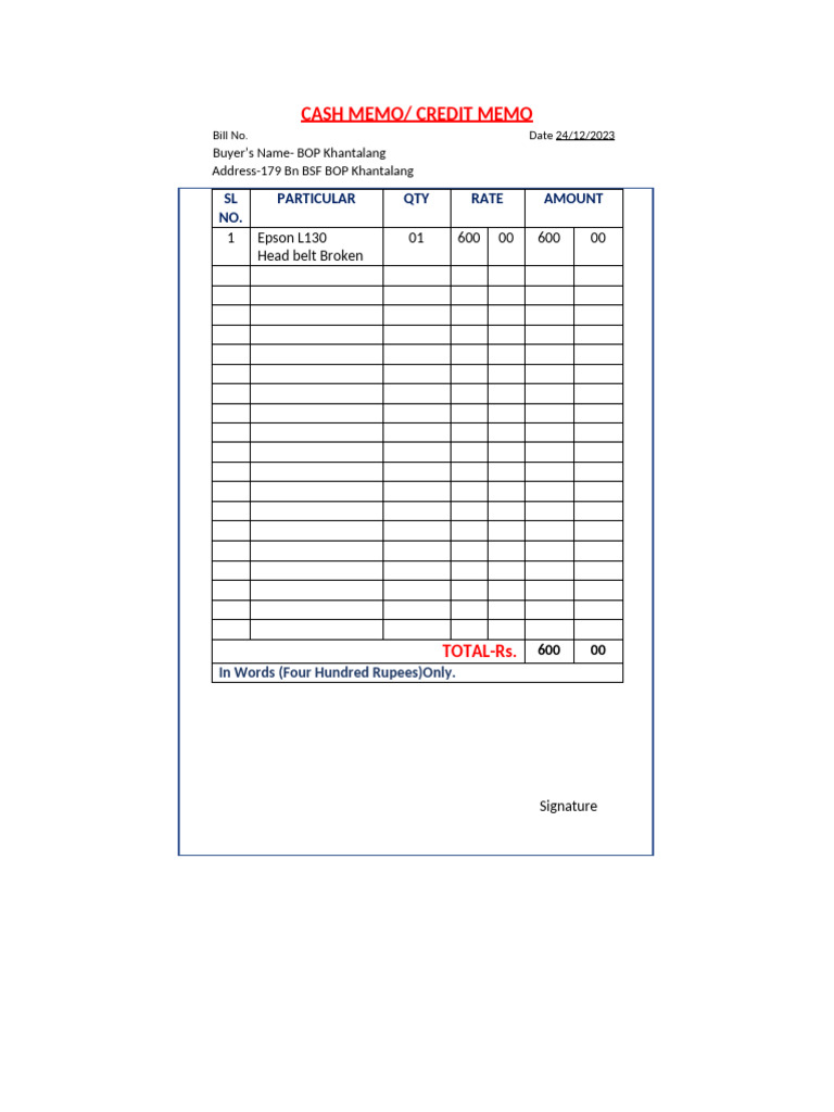 Cash and Credit Memo Template | PDF