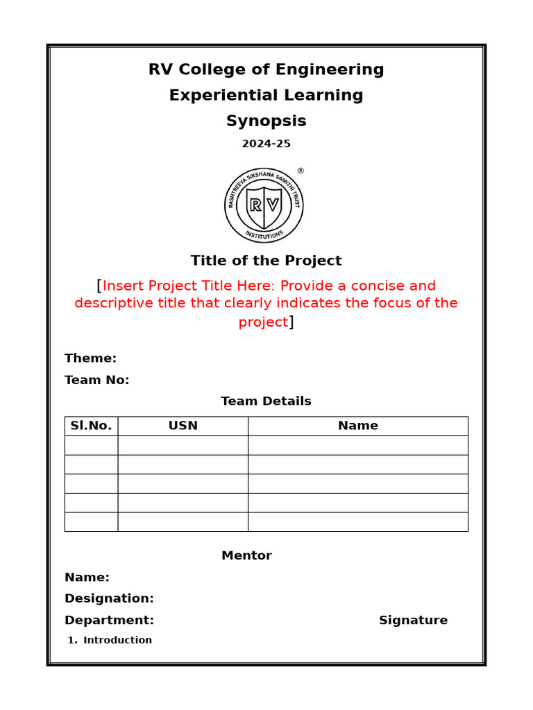 RV College Engineering Project Synopsis 2024-25 | PDF
