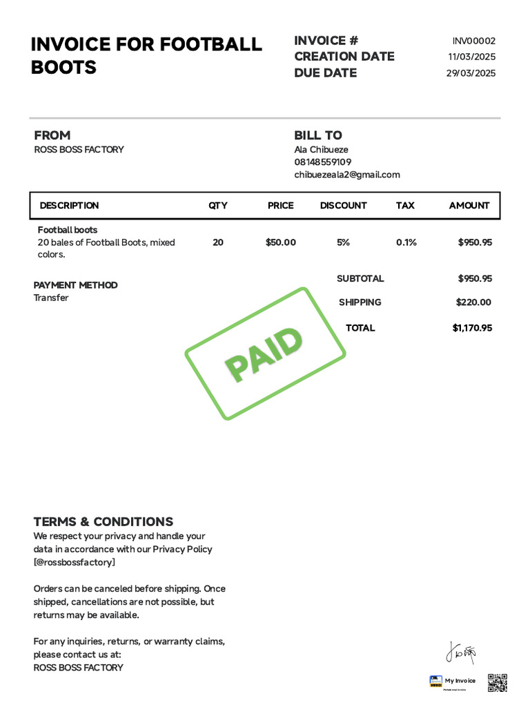 Invoice for Football Boots Purchase | PDF