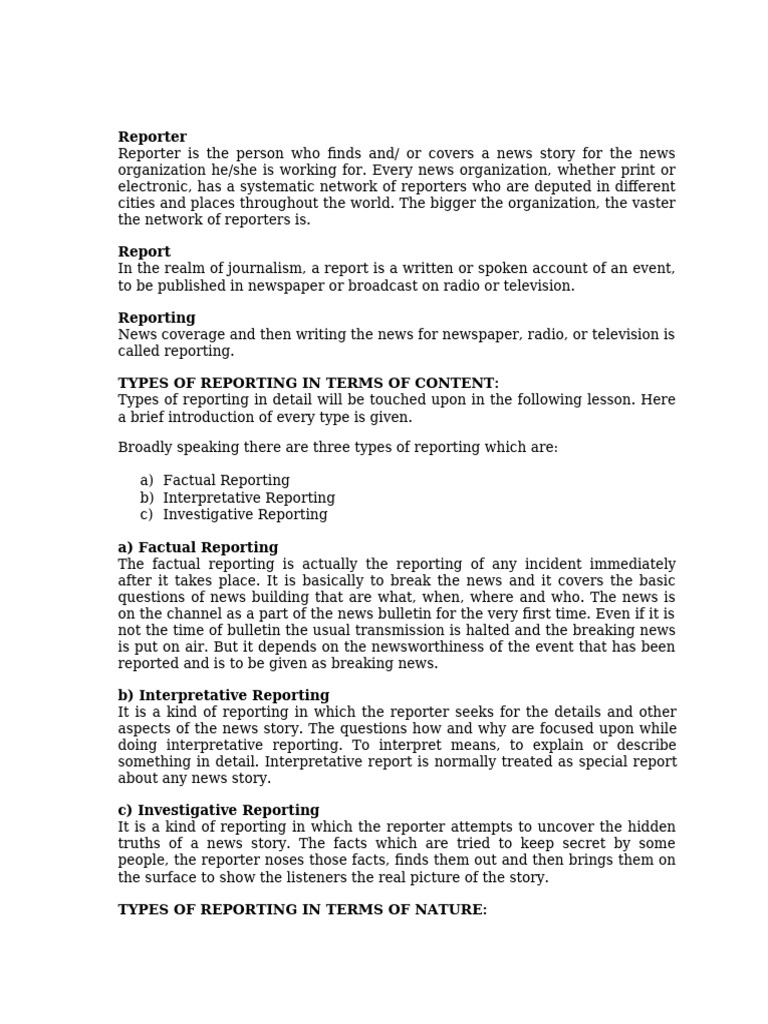 Lec 6 Reporters, Types and Professional Traits | PDF | News | Human ...