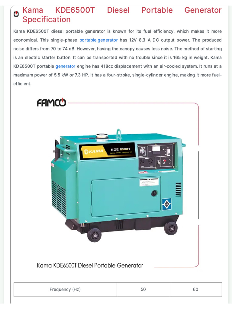 Kama KDE6500T Diesel Generator Specs | PDF | Diesel Engine | Electric ...