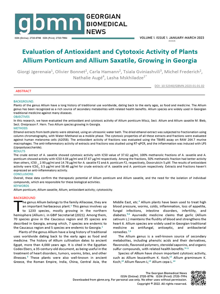 Evaluation of Antioxidant and Cytotoxic | PDF | Onion | Antioxidant