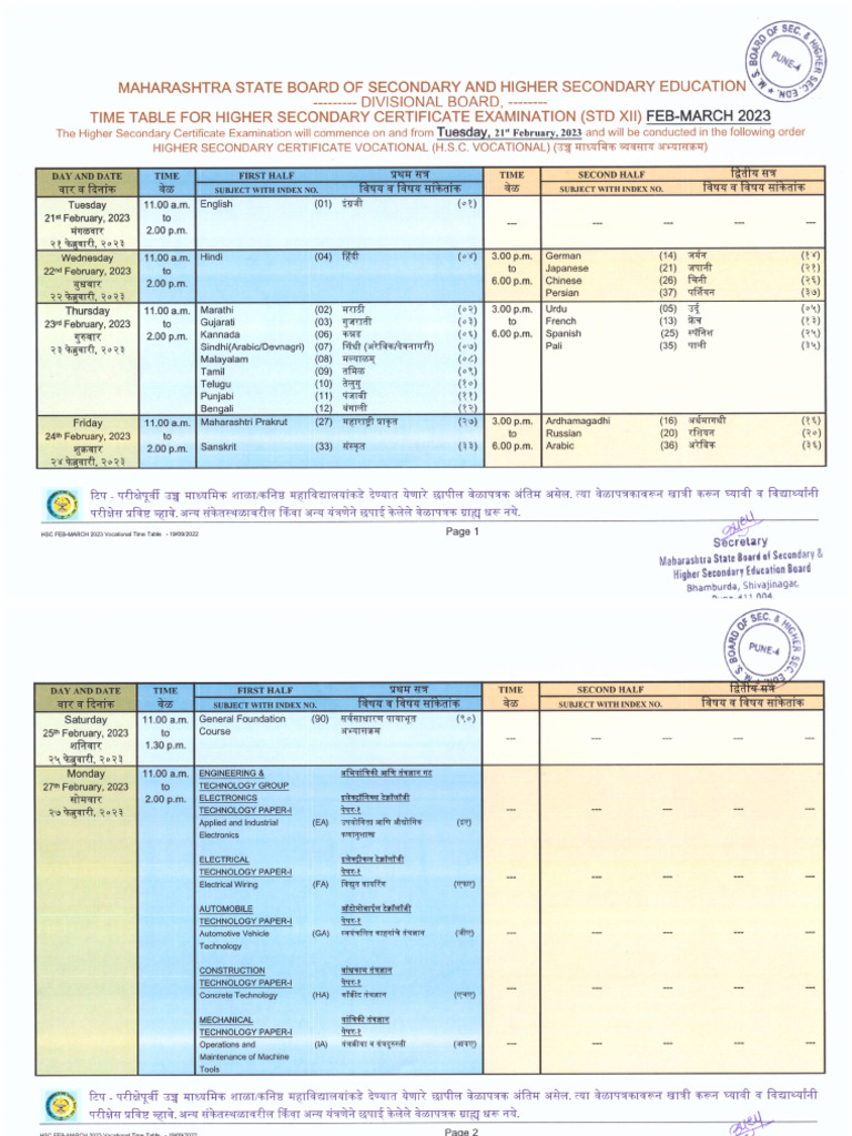 Timetable H SC Feb 23 Voc | PDF
