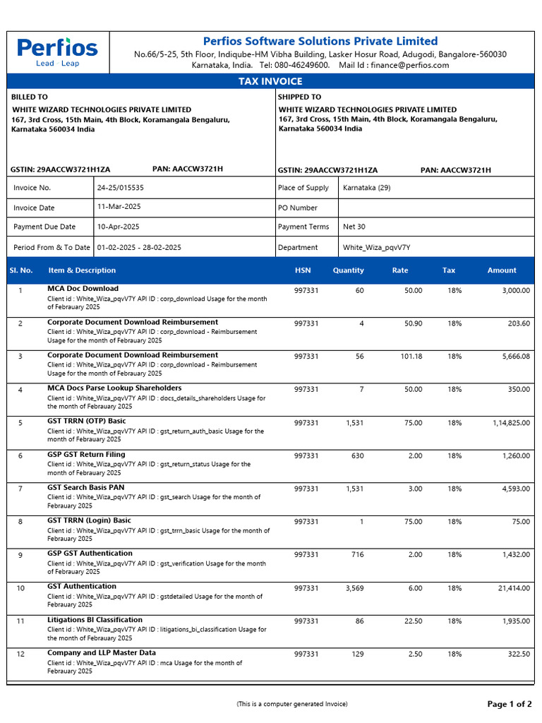 Perfios Invoice for White Wizard Tech | PDF | Payments | Taxes