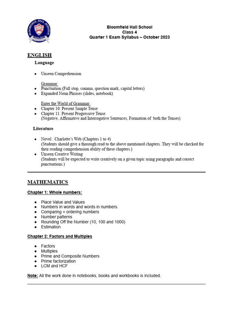 Class 4 - 1st QTR Exam Syllabus, 2023 | PDF | Linguistics | Grammar