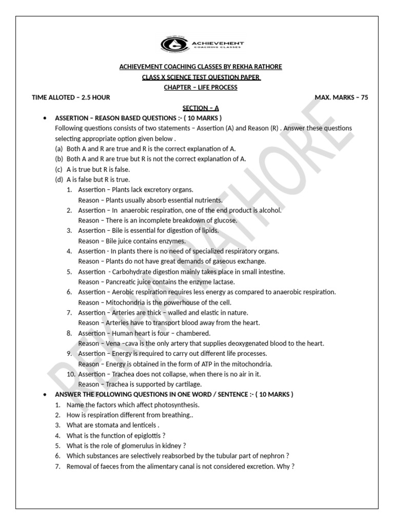 Class X Science Life Processes Test Paper | PDF | Blood | Kidney
