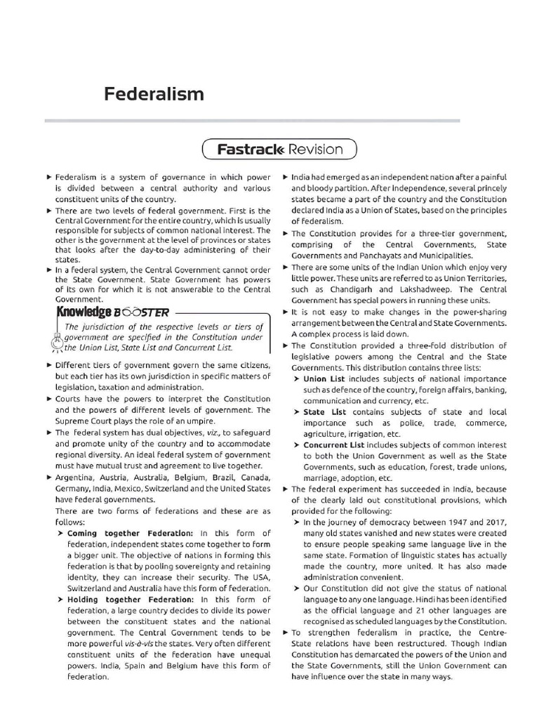 DP Federalism Revision Notes and Important Questions | PDF