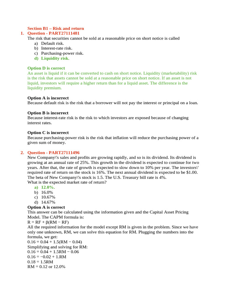 CMA Part 2 Section B1 - Risk and Return MCQ | PDF | Capital Asset ...