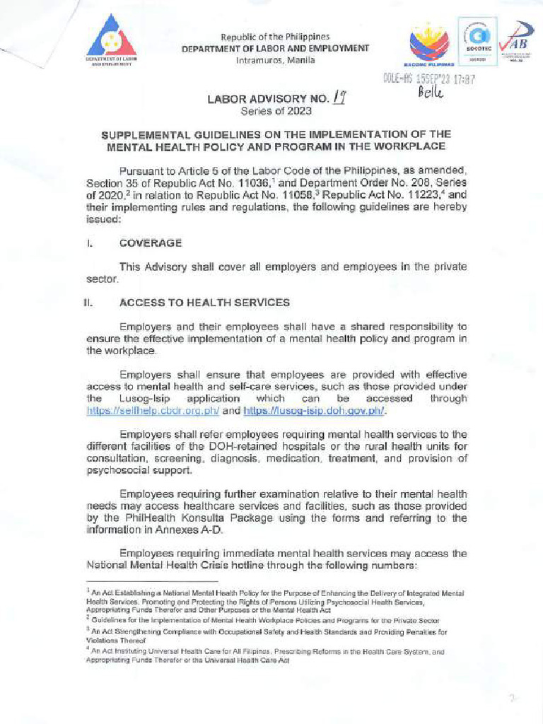 DOLE Supp Labor Advisory No. 19 23 Supplemental Guidelines On The ...