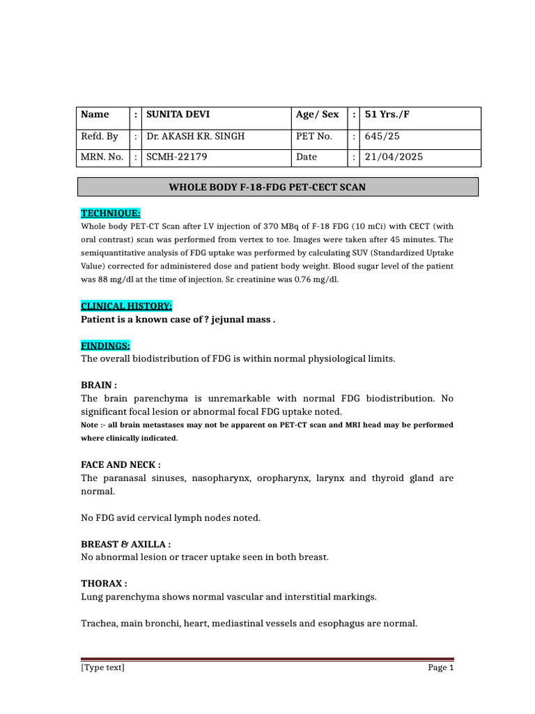 PET Scan Results for Sunita Devi | PDF | Nuclear Medicine | Large Intestine