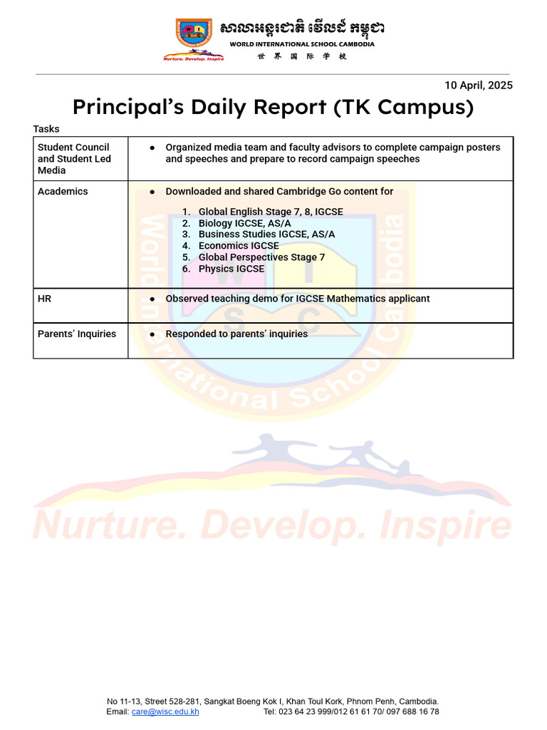Principal's Daily Report - TK Campus | PDF