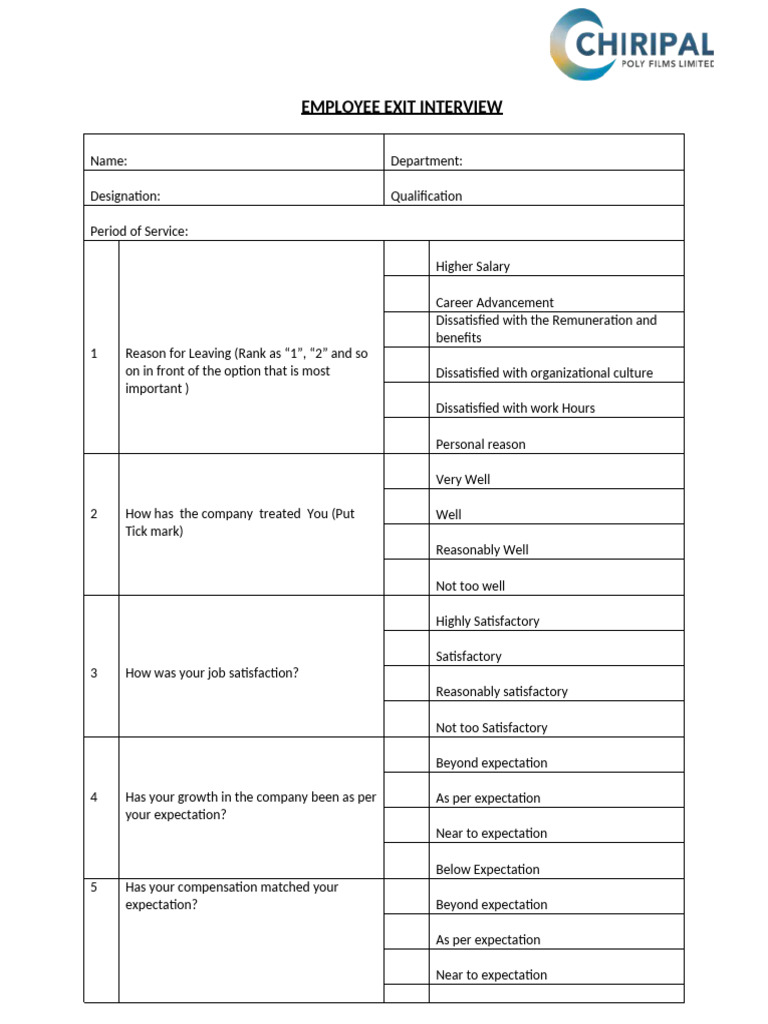 Employee Exit Interview Questionnaire | PDF | Employment | Industrial ...