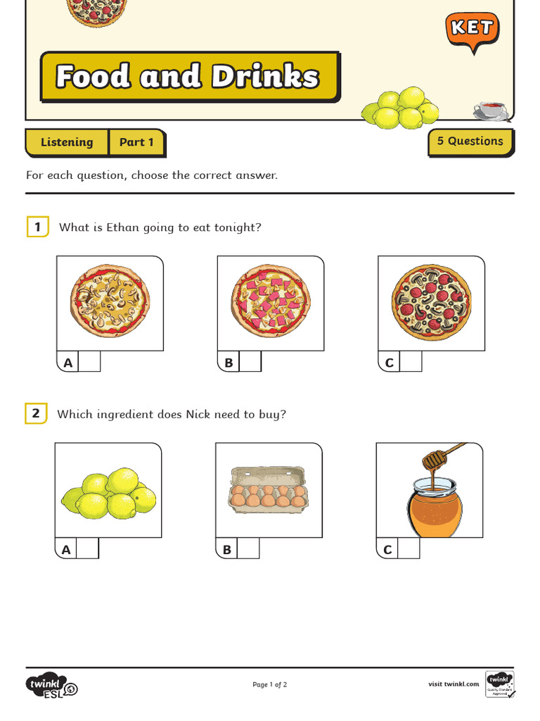 KET Listening: Food and Drinks Quiz | PDF