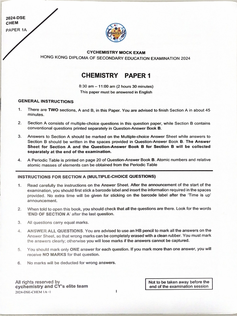 2024 Chem Mock Paper 1A | PDF