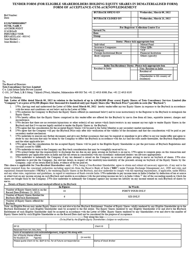 TCS Buyback Tender Form for Shareholders | PDF | Share Repurchase | Stocks