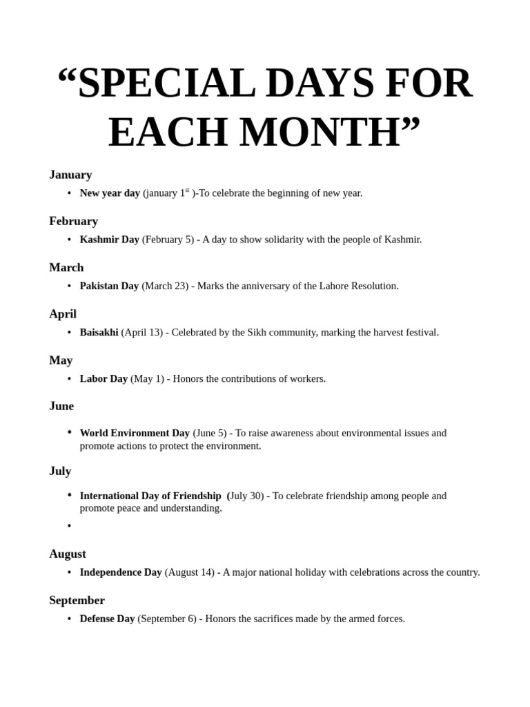 Special Days Celebrated Each Month | PDF