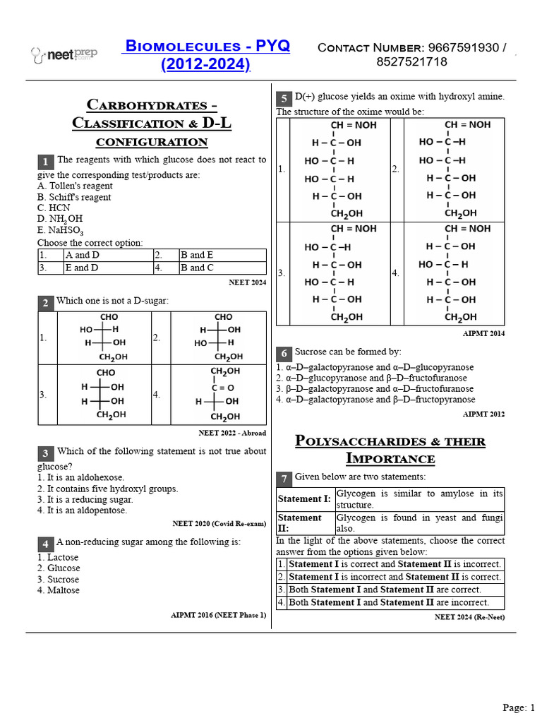 Biomolecules: NEET PYQs 2012-2024 | PDF | Glucose | Proteins