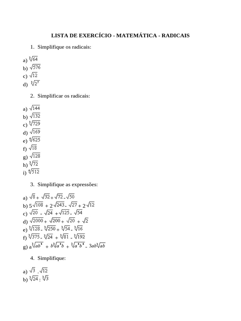 Lista de Exercícios: Radicais 9º Ano | PDF