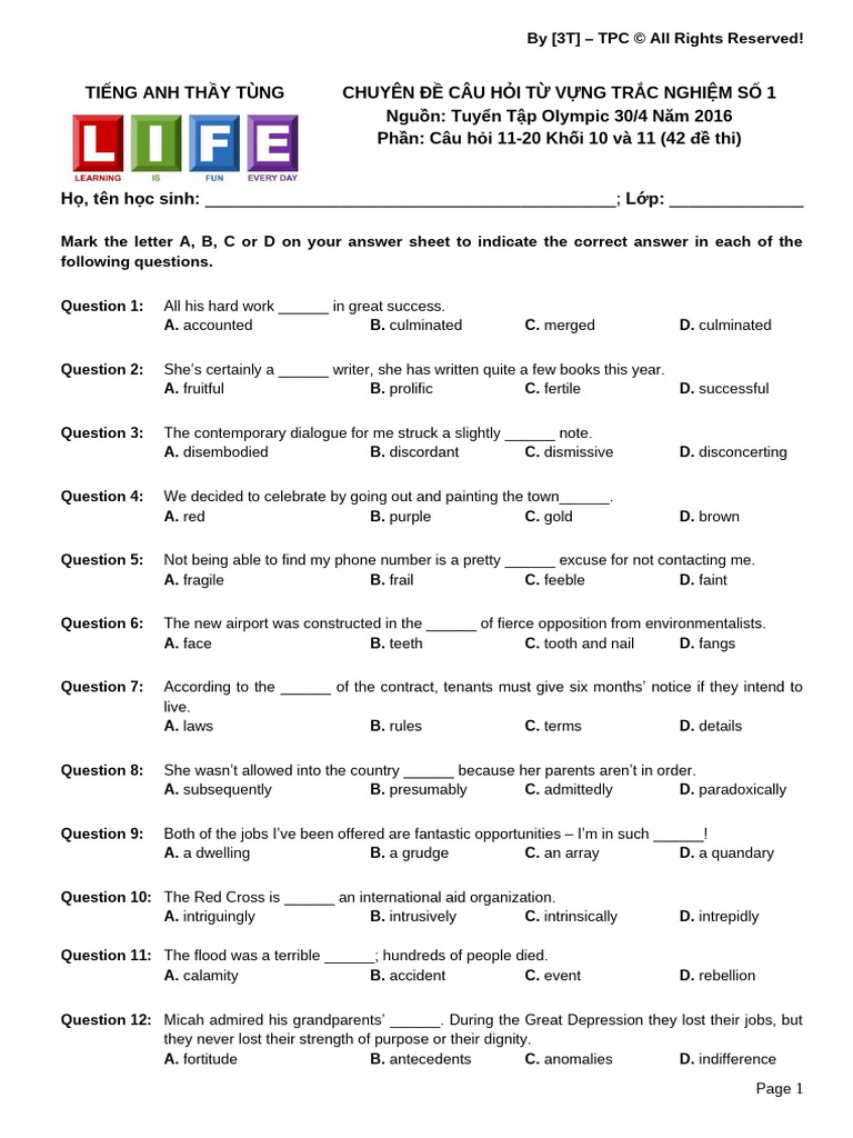 Vocabulary Multiple Choice Questions | PDF