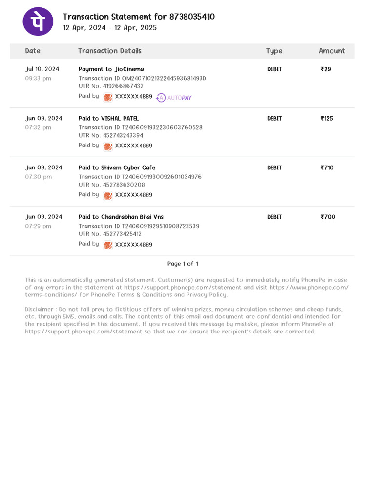 PhonePe Transaction Statement 2024 | PDF