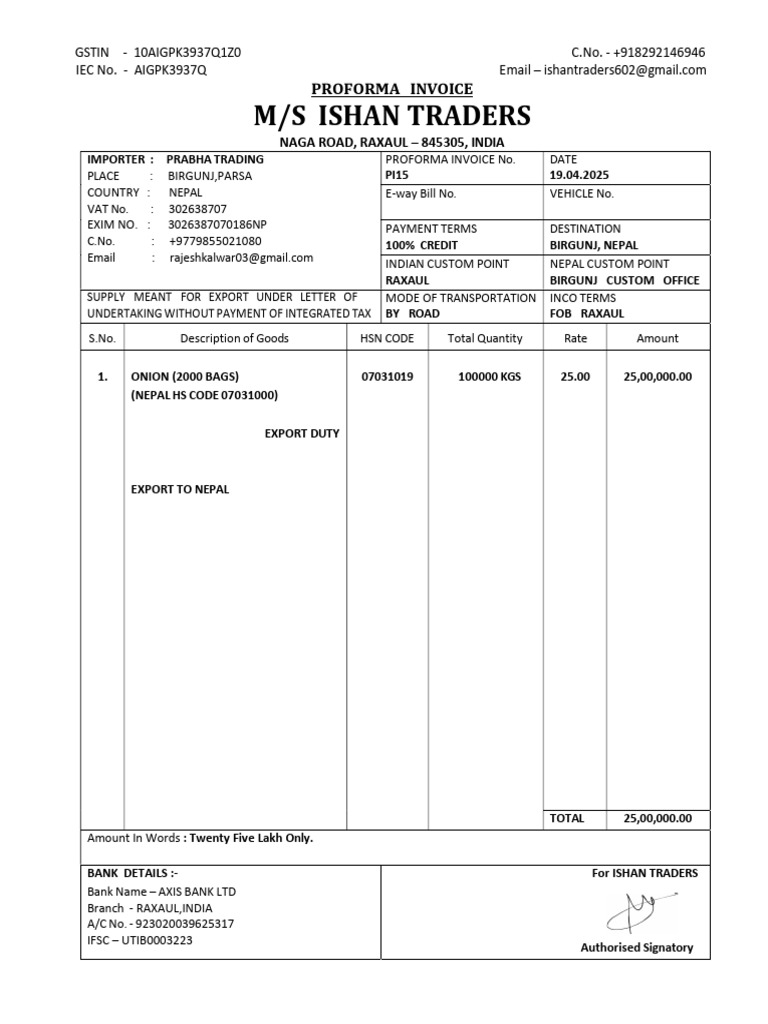 Proforma Invoice for Onion Export to Nepal | PDF