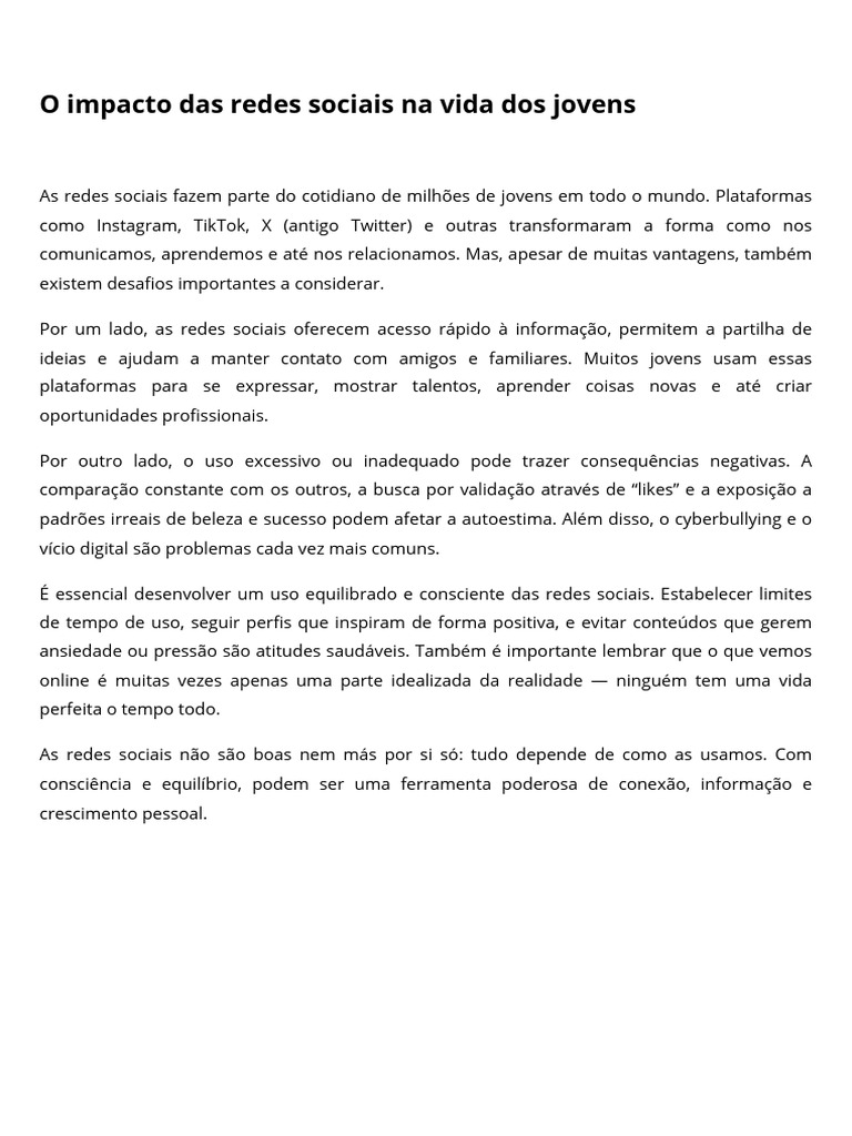 Impacto das Redes Sociais nos Jovens | PDF