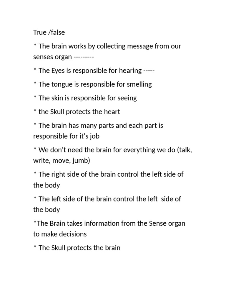 Brain Function and Sense Organs Quiz | PDF