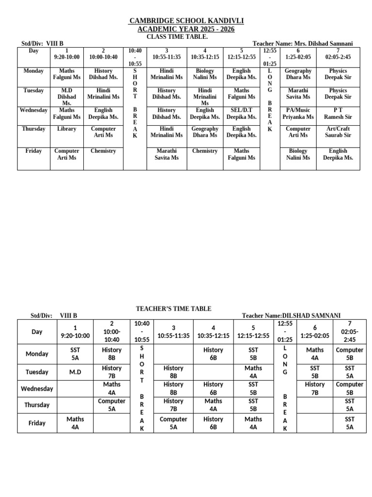 Class 8 Time Table 2025-2026 | PDF