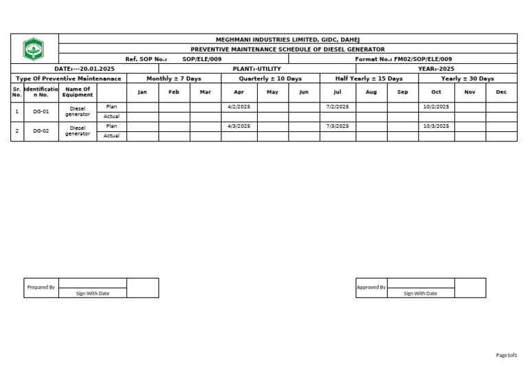 Diesel Generator Maintenance Schedule | PDF