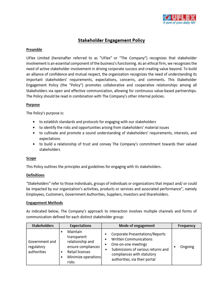 UFlex Stakeholder Engagement Policy | PDF | Stakeholder (Corporate ...