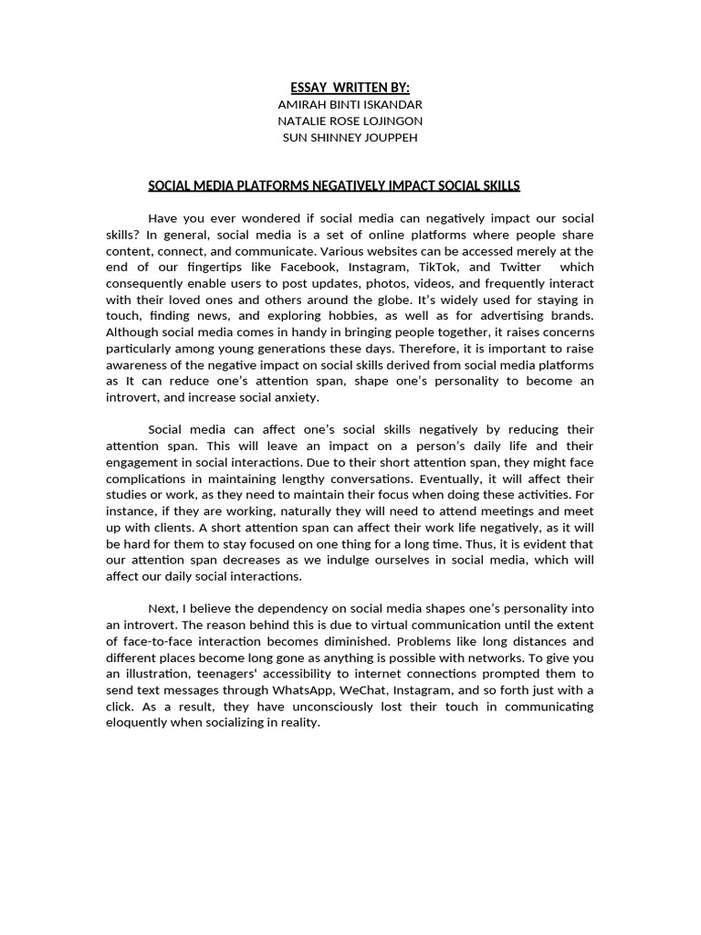 Essay Social Media Platforms Negatively Impact Social | PDF | Social ...