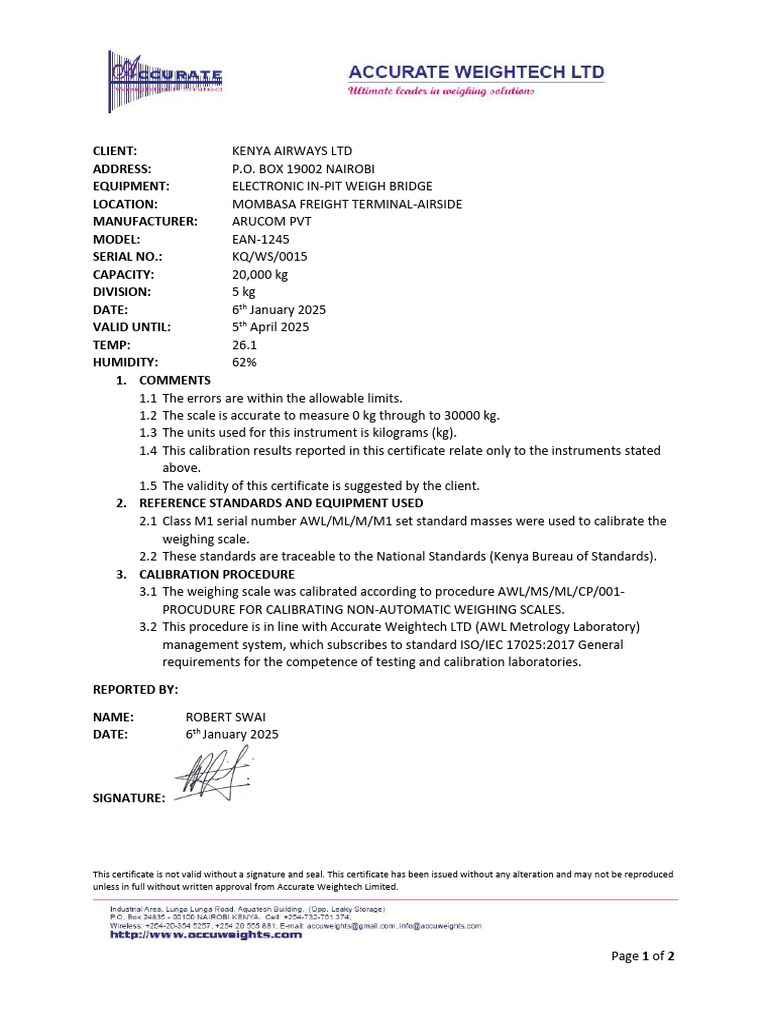Load Cell Calibration Certificate KQ/036 | PDF | Calibration | Weighing ...
