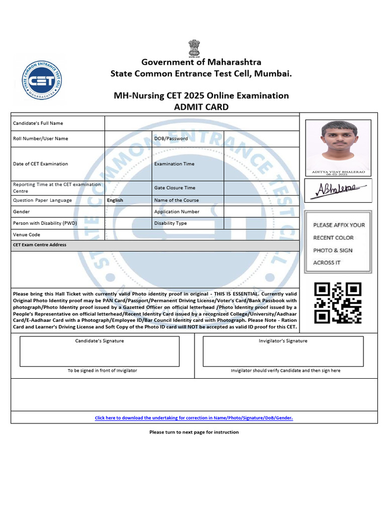 MH Nursing CET 2025 Admit Card Details | PDF | Biometrics | Identity ...