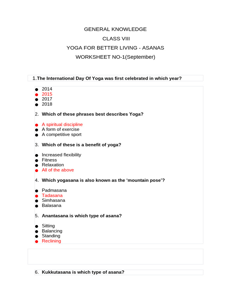 Yoga Asanas Worksheet for Class VIII | PDF | Yoga | Asana