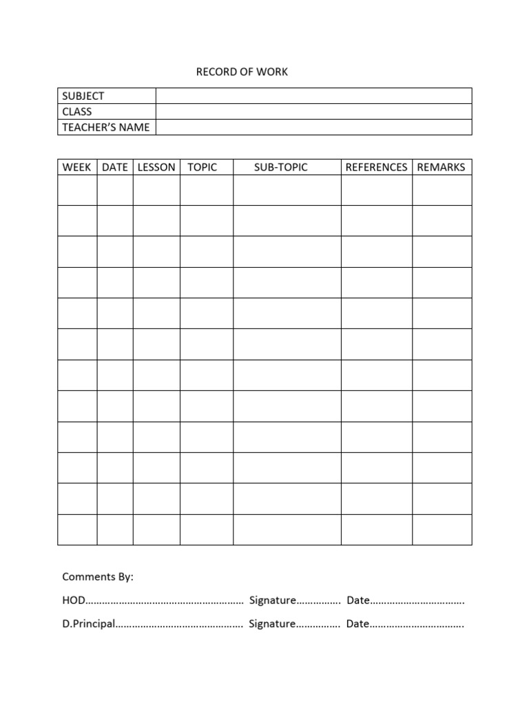 Weekly Lesson Record Template | PDF