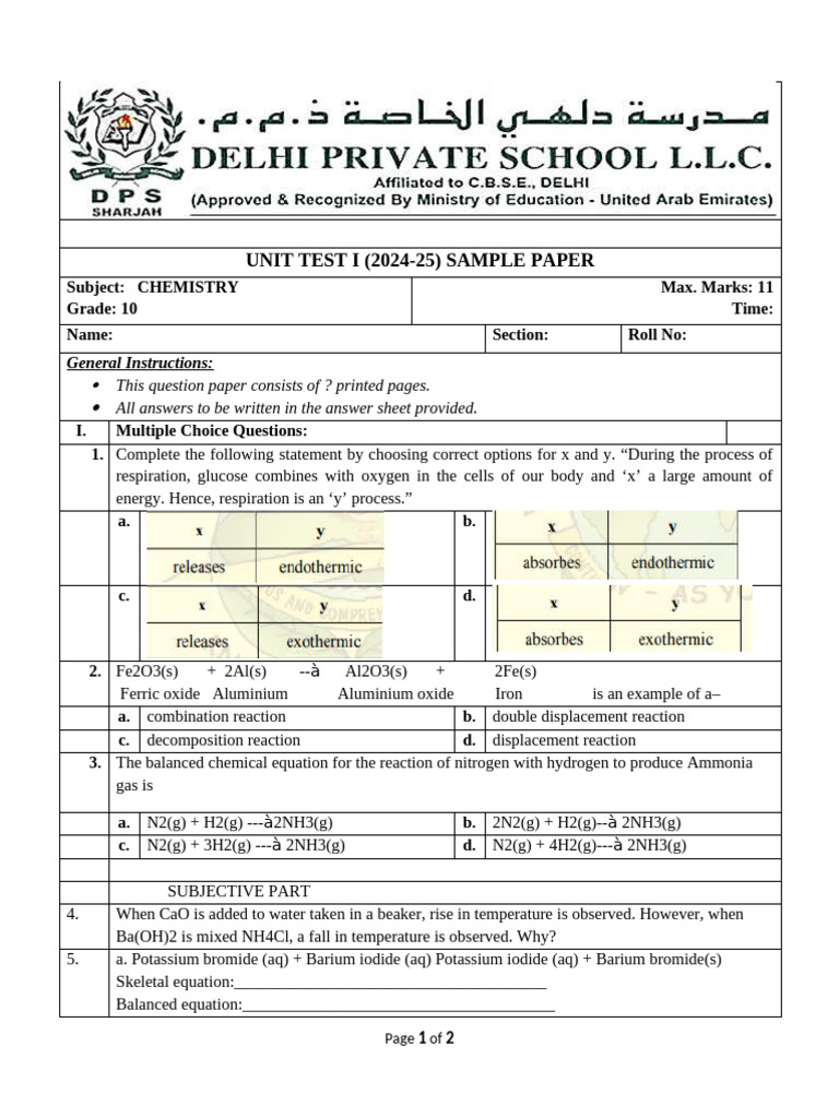 Chemistry Sample Question Paper Grade 10 2024-25 Ut1 1 | PDF | Chemical ...