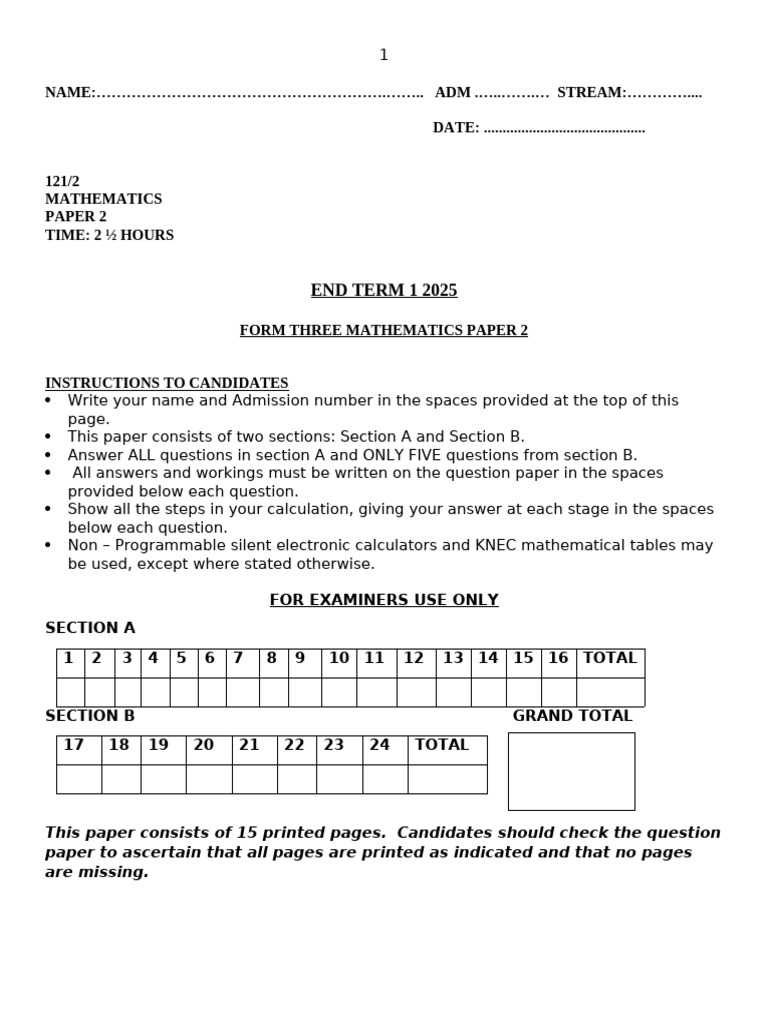 Form Three Mathematics Exam Paper 2025 | PDF | Circle | Angle