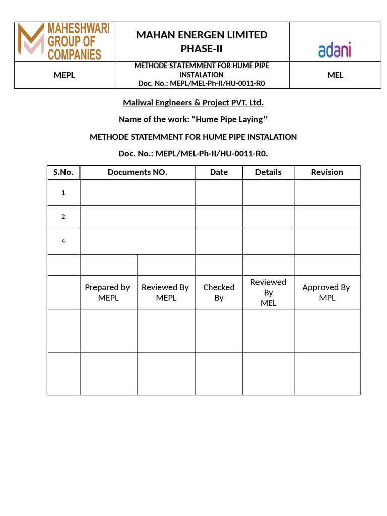 Hume Pipe Installation Method Statement | PDF | Pipe (Fluid Conveyance ...