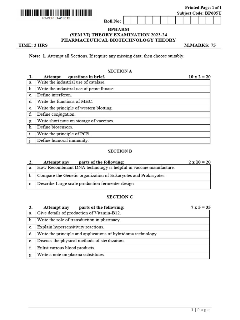 Bpharm 6 Sem Pharmaceutical Biotechnology bp605t Jun 2024 | PDF ...