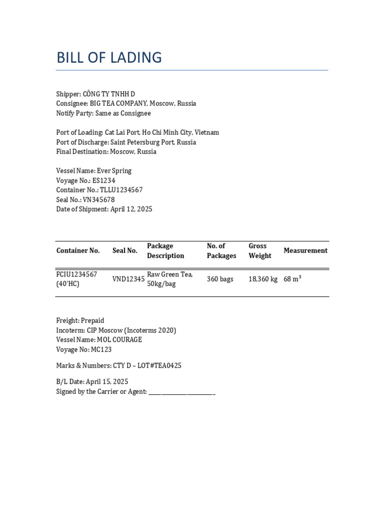 Bill of Lading for Tea Shipment | PDF