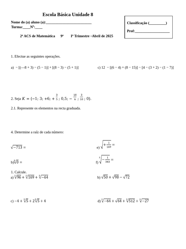 A.C.S de Matematica.9a Classe | PDF
