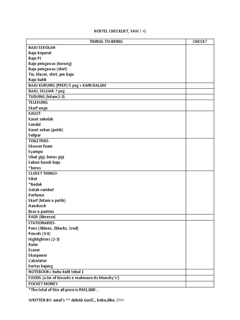 hostel-checklist