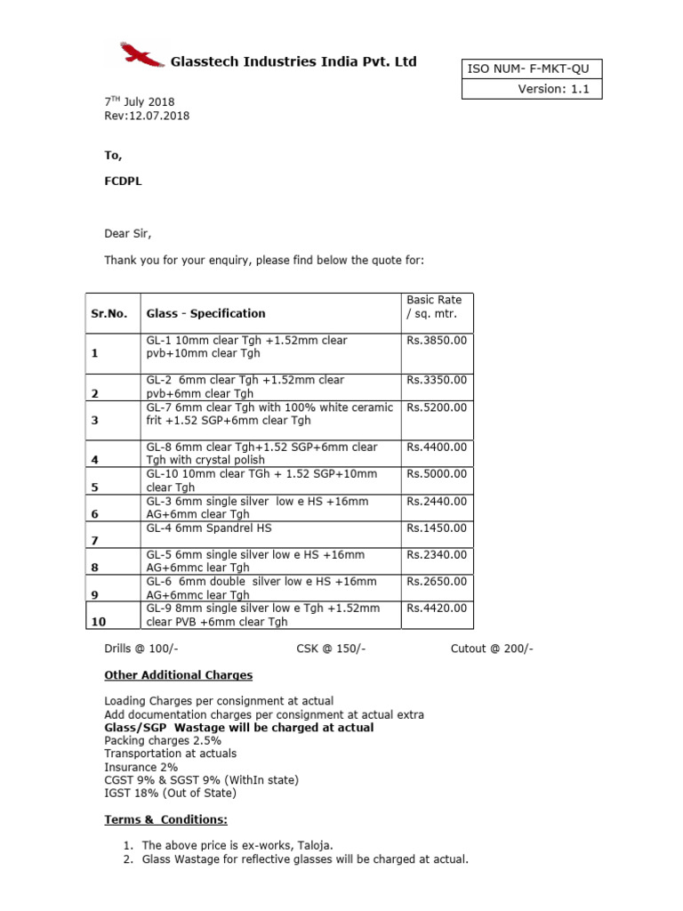 Glasstech Glass Quotation Details | PDF