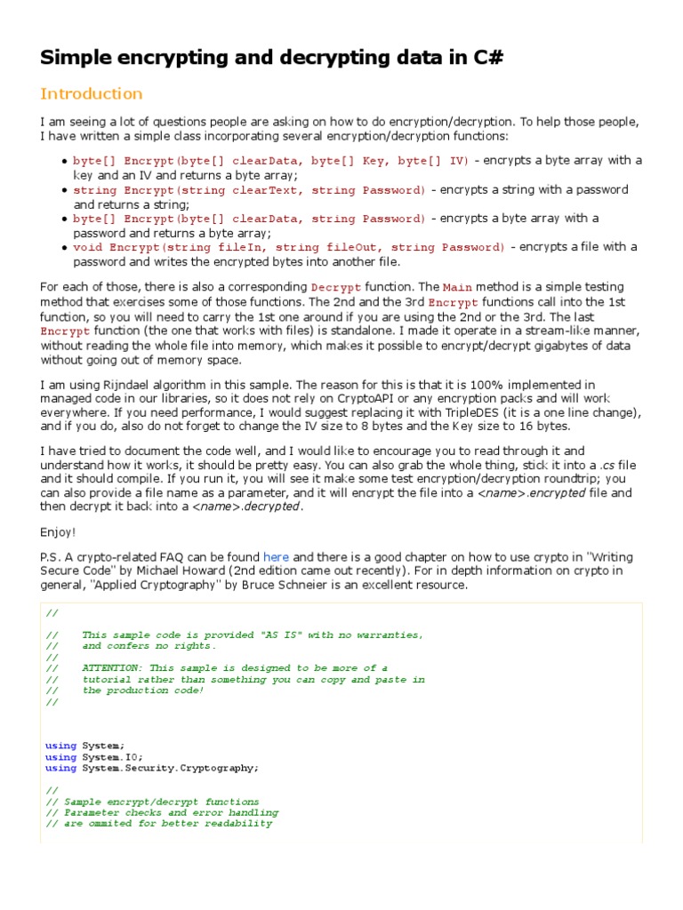 C# Data Encryption/Decryption Guide | PDF | Key (Cryptography ...