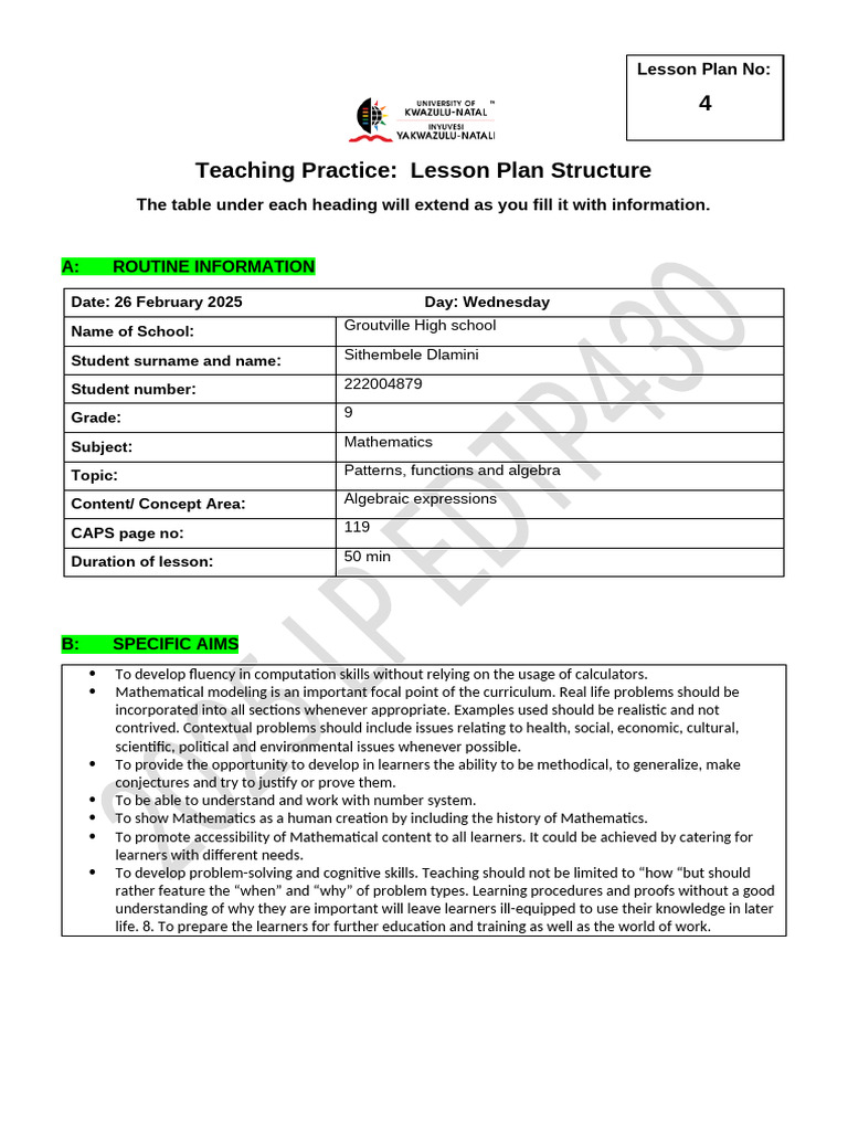 Grade 9 Algebra Lesson Plan | PDF | Mathematics | Learning