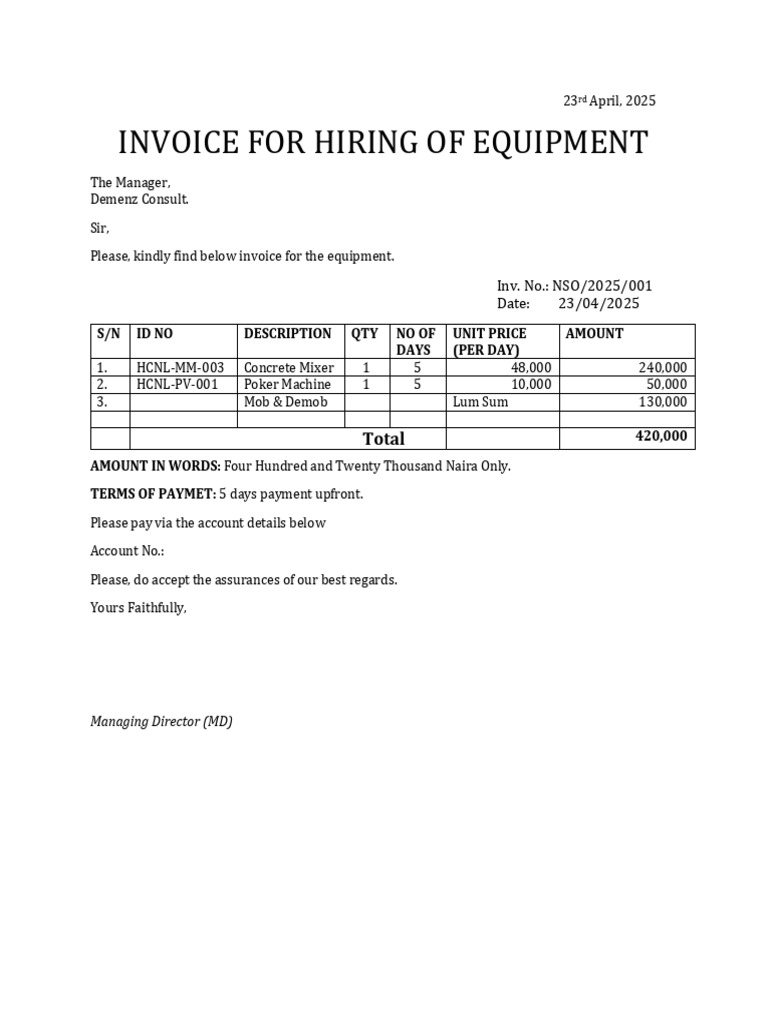 Equipment Hire Invoice - April 2025 | PDF
