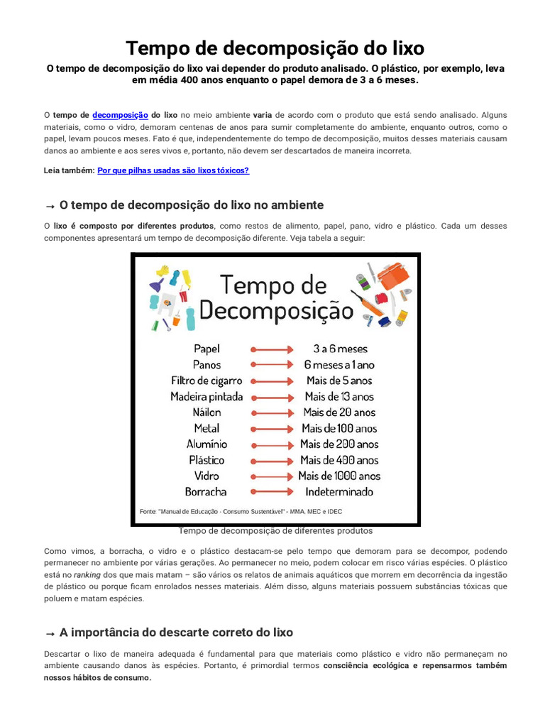 Tempo de Decomposição do Lixo | PDF | Desperdício | Plástico