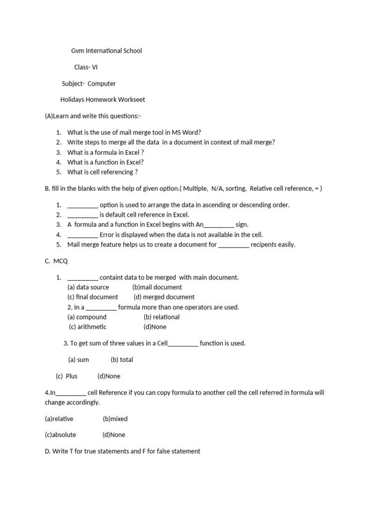 Excel Basics for Class VI Homework | PDF