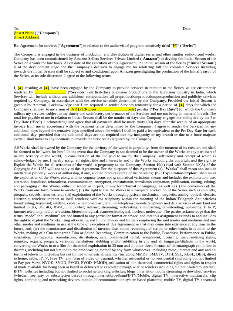 Service Agreement for Audio-Visual Series | PDF | Broadcasting | Indemnity